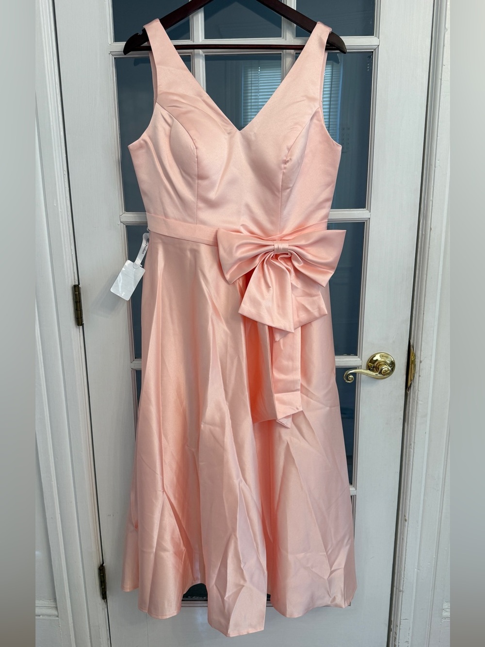 MISS VEIL Women's Light Pink Satin Sleeveless V-Neck Bow Waist Midi Formal Dress